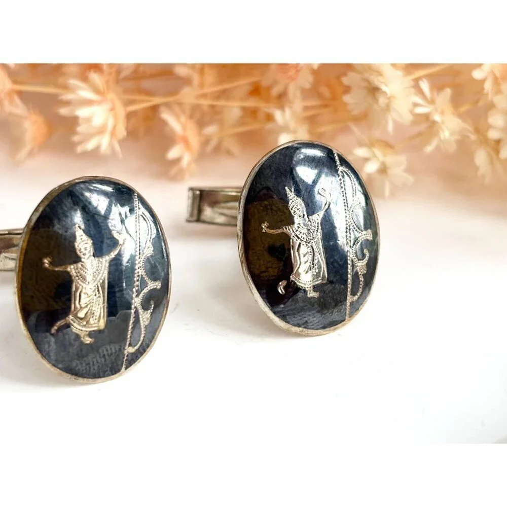 Siam Sterling Dancing Angel Oval Nielloware Enamel Vintage Black Round Cufflinks